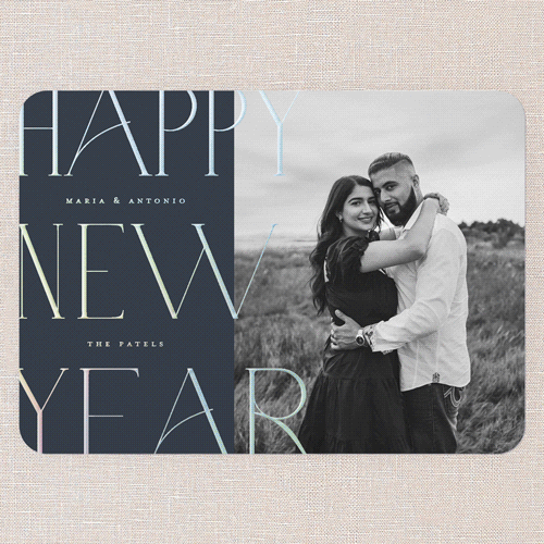 Typographic Shine New Year's Card, Blue, Iridescent Foil, 5x7, New Year, Matte, Personalized Foil Cardstock, Rounded, Navy