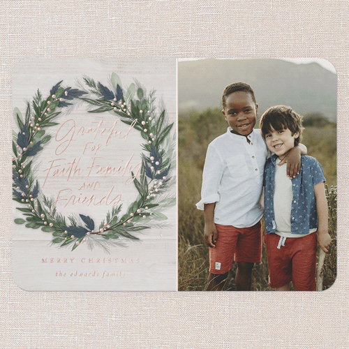 Riveting Wreath Religious Christmas Card, Rose Gold Foil, Grey, 5x7, Religious, Matte, Personalized Foil Cardstock, Rounded, Whisper Gray