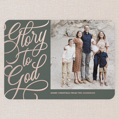 Glory Glistening Religious Christmas Card, Rose Gold Foil, Green, 5x7, Religious, Matte, Personalized Foil Cardstock, Rounded, Green