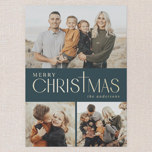 Yuletide Cross Religious Christmas Card, Blue, Gold Foil, 5x7, Religious, Matte, Personalized Foil Cardstock, Square, Blue