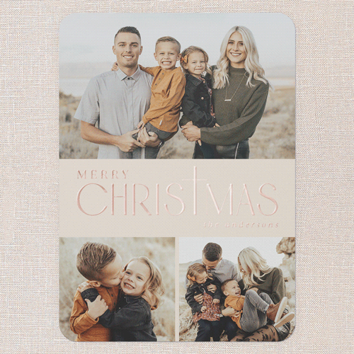 Yuletide Cross Religious Christmas Card, Beige, Rose Gold Foil, 5x7, Religious, Matte, Personalized Foil Cardstock, Rounded, Beige