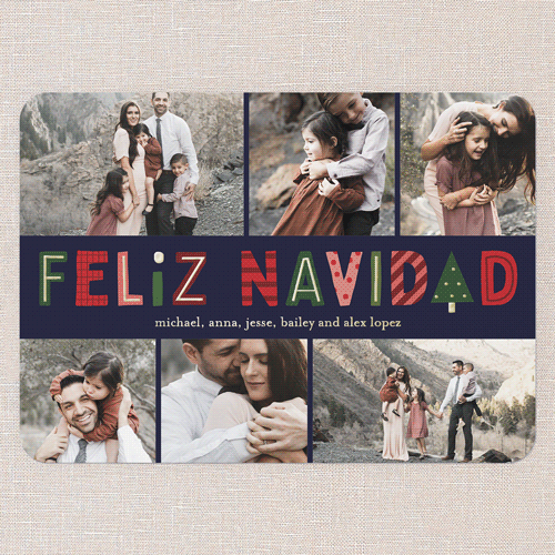 Jovial Icons Tarjeta de Navidad, Gold Foil, Blue, 5x7, Feliz Navidad, Matte, Personalized Foil Cardstock, Rounded, Indigo