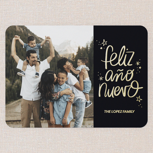 Joyful Year Tarjeta de Navidad, Black, Gold Foil, 5x7, Feliz Navidad, Matte, Personalized Foil Cardstock, Rounded, Black