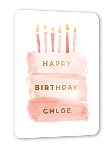 Painted Cake Birthday Card, Pink, Gold Foil, 5x7, Matte, Personalized Foil Cardstock, Rounded