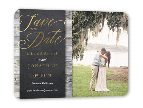 Wood Frame Save The Date, Grey, Gold Foil, 5x7, Matte, Personalized Foil Cardstock, Rounded, Charcoal