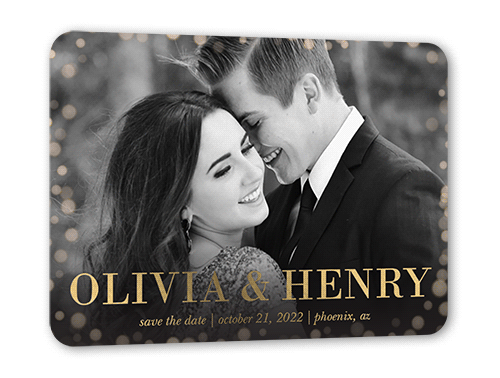 Delicate Bokeh Save The Date, Gold Foil, White, 5x7, Matte, Personalized Foil Cardstock, Rounded
