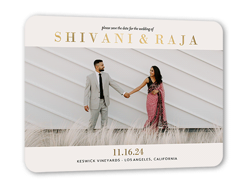 Framed Photo Save The Date, Gold Foil, White, 5x7, Matte, Personalized Foil Cardstock, Rounded