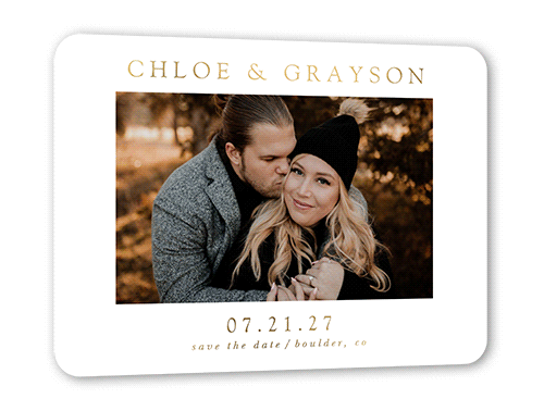 Minimal Styled Save The Date, White, Gold Foil, 5x7, Matte, Personalized Foil Cardstock, Rounded