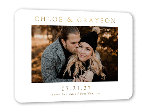 Minimal Styled Save The Date, White, Gold Foil, 5x7, Write Your Own, Matte, Personalized Foil Cardstock, Rounded, White
