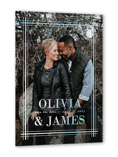 Set Stripe Save The Date, White, Iridescent Foil, 5x7, Matte, Personalized Foil Cardstock, Square, White