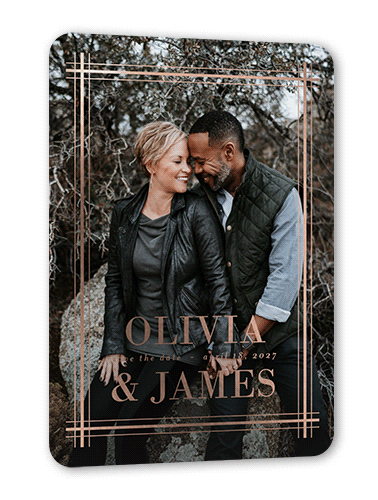 Set Stripe Save The Date, Rose Gold Foil, White, 5x7, Matte, Personalized Foil Cardstock, Rounded, White