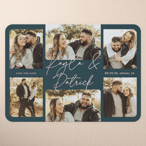 Lovely Lettering Save The Date, Blue, Rose Gold Foil, 5x7, Matte, Personalized Foil Cardstock, Rounded