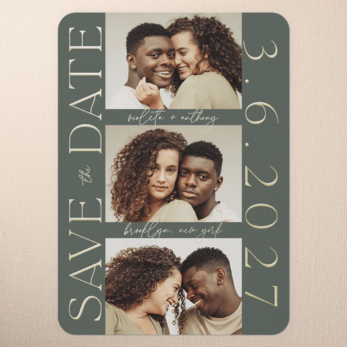 Ethereal Engagement Save The Date, Green, Gold Foil, 5x7, Matte, Personalized Foil Cardstock, Rounded
