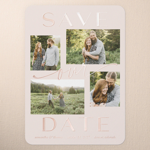 Blissful Framing Save The Date, Rose Gold Foil, Pink, 5x7, Matte, Personalized Foil Cardstock, Rounded