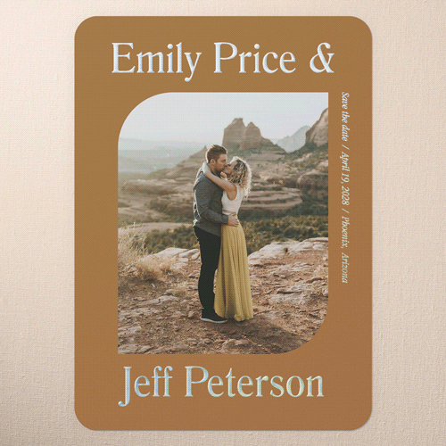 Sleek Elegance Save The Date, Orange, Iridescent Foil, 5x7, Matte, Personalized Foil Cardstock, Rounded, Ripe Mango