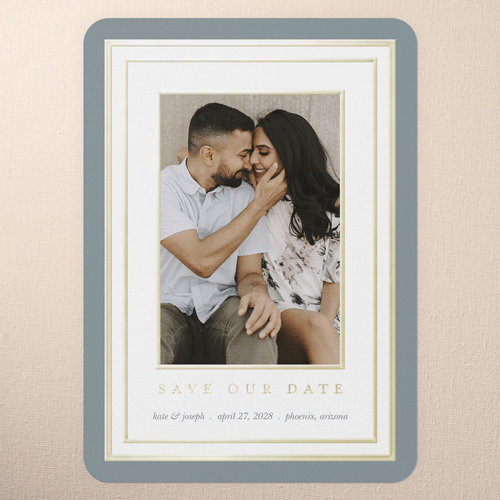 Encased Beauty Save The Date, Blue, Gold Foil, 5x7, Matte, Personalized Foil Cardstock, Rounded