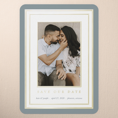 Encased Beauty Save The Date, Blue, Gold Foil, 5x7, Matte, Personalized Foil Cardstock, Rounded, Sea