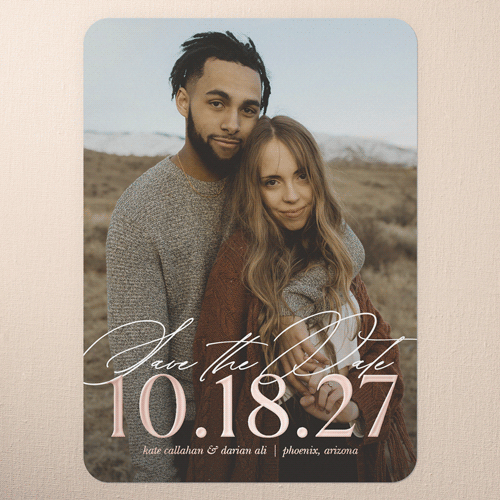 Almost Time Save The Date, Rose Gold Foil, White, 5x7, Matte, Personalized Foil Cardstock, Rounded