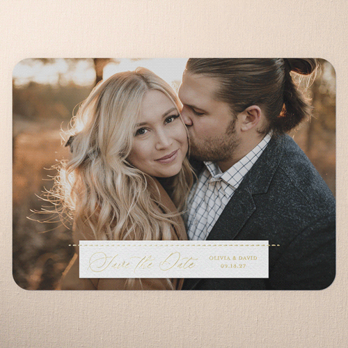 Wedding Bliss Save The Date, White, Gold Foil, 5x7, Matte, Personalized Foil Cardstock, Rounded