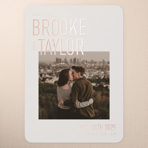 Urban Embrace Save The Date, Rose Gold Foil, Beige, 5x7, Matte, Personalized Foil Cardstock, Rounded, Nude