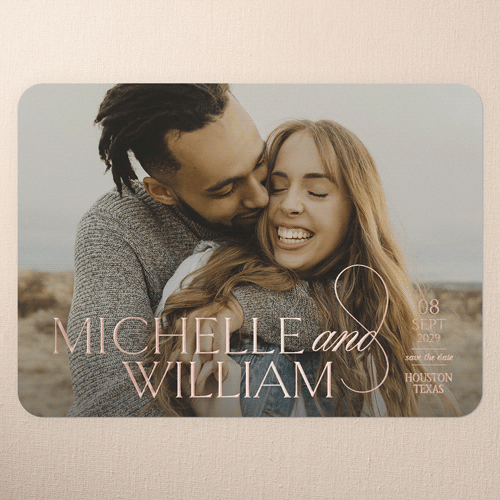 Novel Romance Save The Date, White, Rose Gold Foil, 5x7, Matte, Personalized Foil Cardstock, Rounded, White