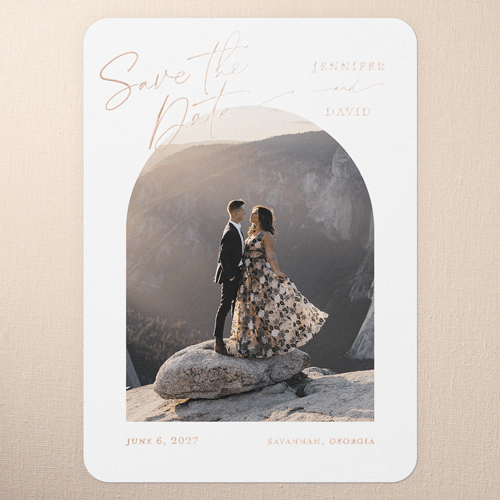 Overlap Arch Save The Date, Rose Gold Foil, White, 5x7, Matte, Personalized Foil Cardstock, Rounded, White