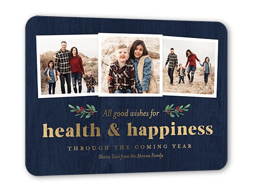 Health and Happiness Rosh Hashanah Card, Gold Foil, Blue, 5x7, Matte, Personalized Foil Cardstock, Rounded