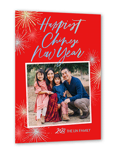 Bold Fireworks Lunar New Year Card, Red, Iridescent Foil, 5x7, Matte, Personalized Foil Cardstock, Square, Tomato