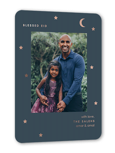 Simple Moon Eid Card, Rose Gold Foil, Grey, 5x7, Matte, Personalized Foil Cardstock, Rounded