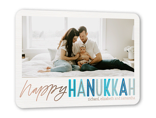 Joy Type Hanukkah Card, White, Rose Gold Foil, 5x7, Hanukkah, Matte, Personalized Foil Cardstock, Rounded, White