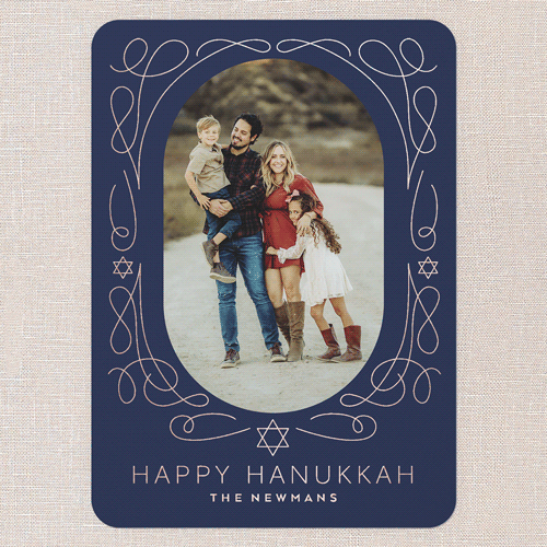 Gilded Swirl Frame Hanukkah Card, Rose Gold Foil, Blue, 5x7, Hanukkah, Matte, Personalized Foil Cardstock, Rounded, Nautical