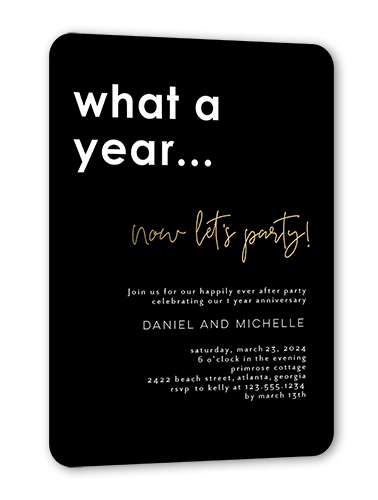A Year To Party Wedding Anniversary Invitation, Black, Gold Foil, 5x7, Matte, Personalized Foil Cardstock, Rounded