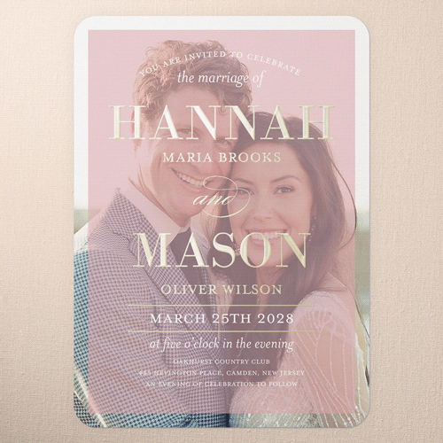Divine Elegance Wedding Invitation, Pink, Gold Foil, 5x7, Matte, Personalized Foil Cardstock, Rounded