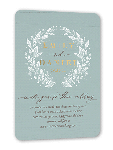 Garland Bliss Wedding Invitation, Green, Gold Foil, 5x7, Matte, Personalized Foil Cardstock, Rounded