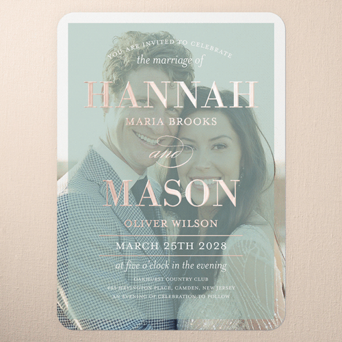 Divine Elegance Wedding Invitation, Rose Gold Foil, Green, 5x7, Matte, Personalized Foil Cardstock, Rounded, Spring Valley