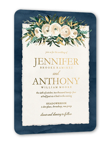 Rustic Borders Wedding Invitation, Blue, Gold Foil, 5x7, Matte, Personalized Foil Cardstock, Rounded