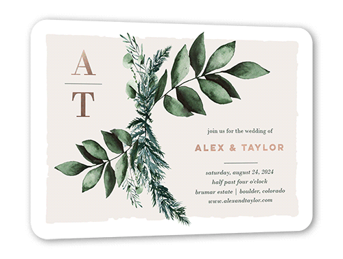 Rehearsal Bough Wedding Invitation, Rose Gold Foil, White, 5x7, Matte, Personalized Foil Cardstock, Rounded, White
