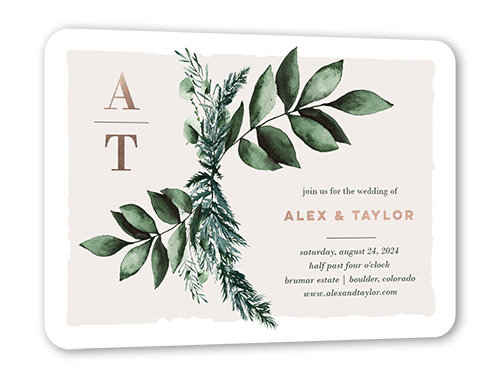Rehearsal Bough Wedding Invitation, White, Rose Gold Foil, 5x7, Matte, Personalized Foil Cardstock, Rounded