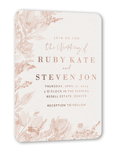 Dusty Blooms Wedding Invitation, Pink, Rose Gold Foil, 5x7, Matte, Personalized Foil Cardstock, Rounded