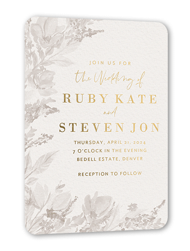 Dusty Blooms Wedding Invitation, Grey, Gold Foil, 5x7, Matte, Personalized Foil Cardstock, Rounded, Suede