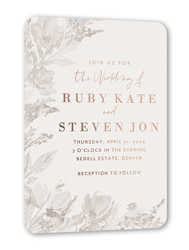 Dusty Blooms Wedding Invitation, Grey, Rose Gold Foil, 5x7, Matte, Personalized Foil Cardstock, Rounded, Suede