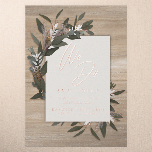 Rustic Foliage Wedding Invitation, Rose Gold Foil, Beige, 5x7, Matte, Personalized Foil Cardstock, Square