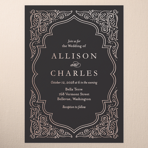 Filigree Border Wedding Invitation, Rose Gold Foil, Grey, 5x7, Matte, Personalized Foil Cardstock, Square, Charcoal