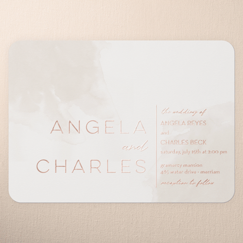 Light Wisps Wedding Invitation, Beige, Rose Gold Foil, 5x7, Matte, Personalized Foil Cardstock, Rounded, Adobe Blush
