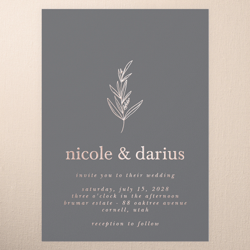 Sweet Leaf Wedding Invitation, Grey, Rose Gold Foil, 5x7, Matte, Personalized Foil Cardstock, Square, Steel