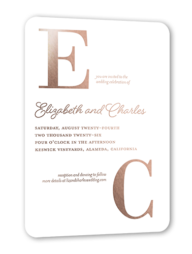 Vibrant Vows Wedding Invitation, Rose Gold Foil, White, 5x7, Matte, Personalized Foil Cardstock, Rounded