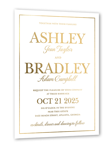 Glistening Glamour Wedding Invitation, White, Gold Foil, 5x7, Matte, Personalized Foil Cardstock, Square, White
