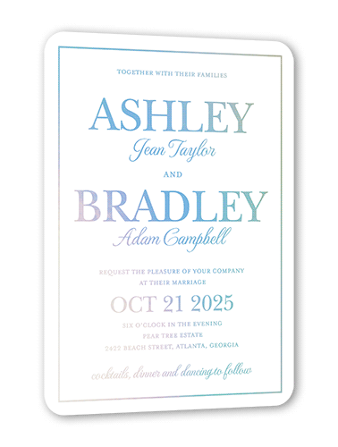 Glistening Glamour Wedding Invitation, Iridescent Foil, White, 5x7, Matte, Personalized Foil Cardstock, Rounded