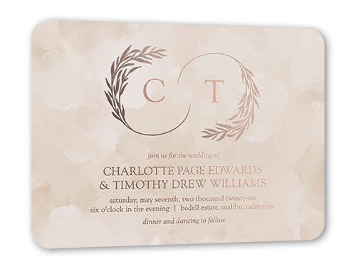 Reflective Rings Wedding Invitation, Beige, Rose Gold Foil, 5x7, Matte, Personalized Foil Cardstock, Rounded, Adobe Blush