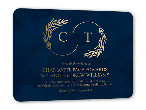 Reflective Rings Wedding Invitation, Gold Foil, Blue, 5x7, Matte, Personalized Foil Cardstock, Rounded